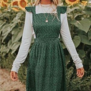 Zara Floral Green Flower Pinafore Apron Style Dress